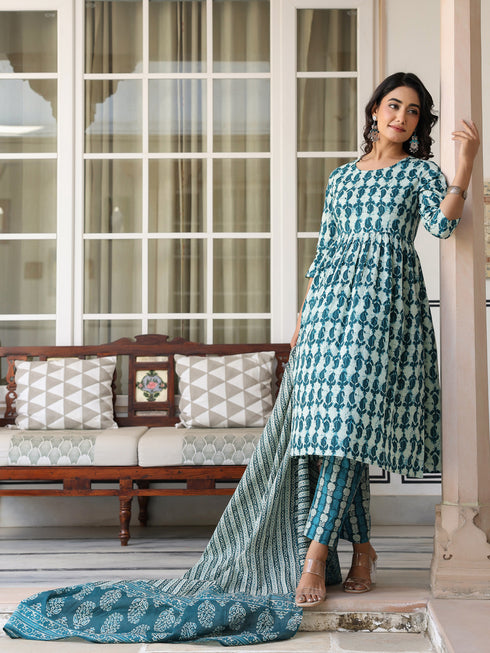 Teal Blue Pure Cotton Abstract A-line Kurta Set